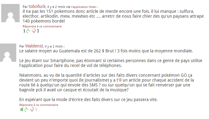 Deux commentaires, venant d’articles traitant tous deux de Pokémon Go.