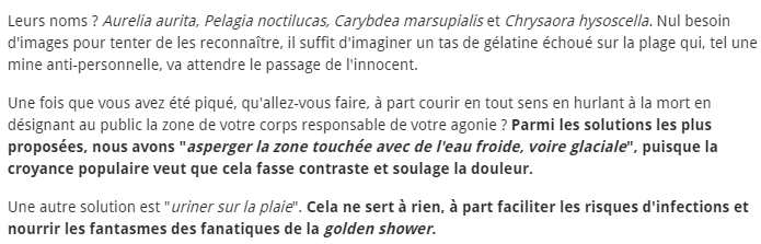 Extrait d’un article traitant des soins à apporter en cas de piqûre de méduses.